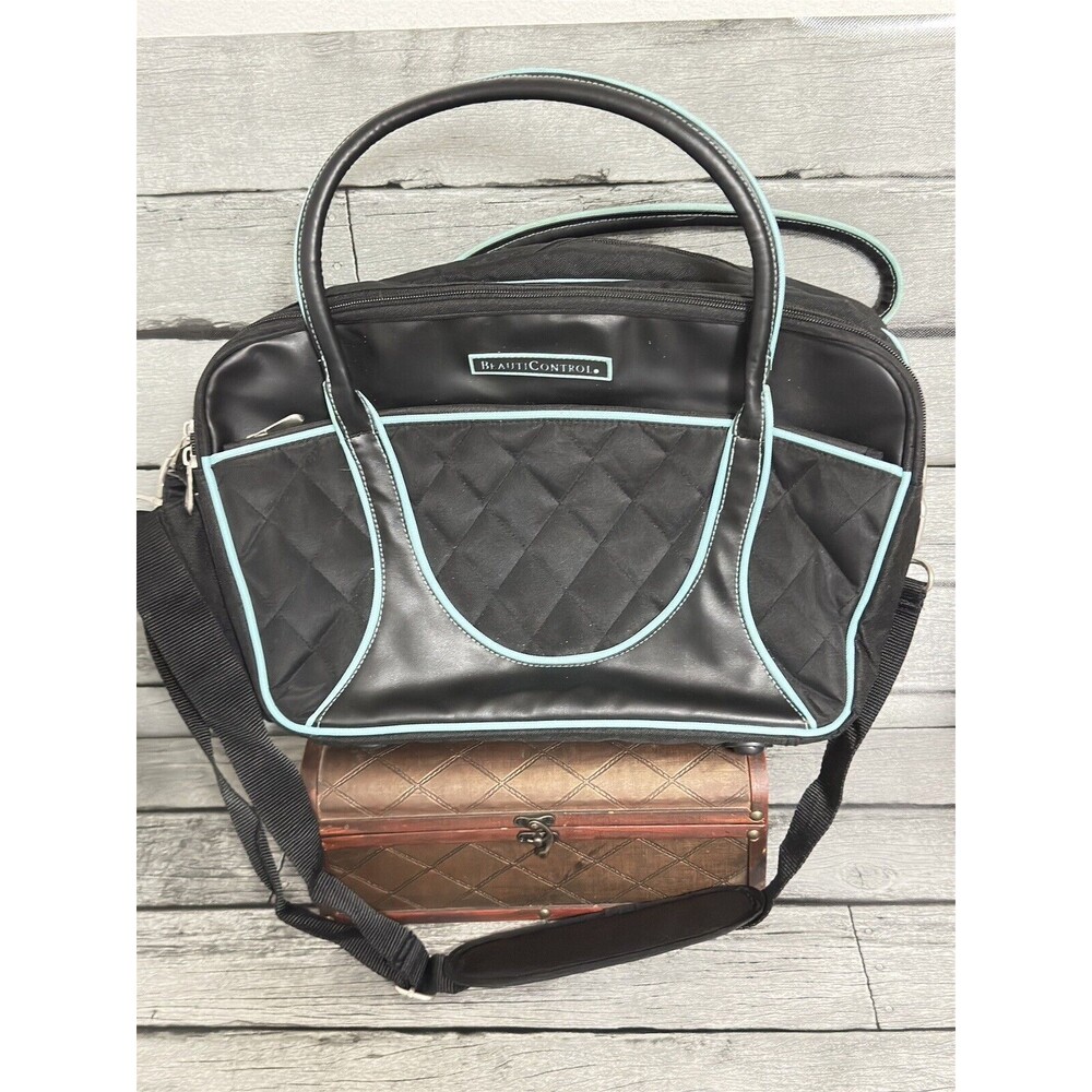 Large Black And Teal Beauticontrol Makeup Tote Travel Multipocket Case Bag